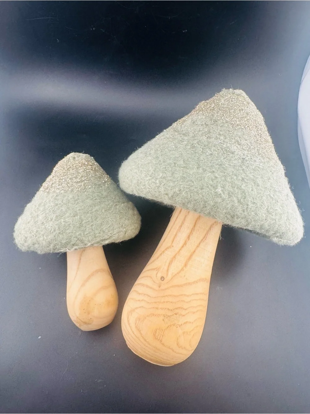 Felt Mushroom Decor Pair in Sage with Glitter Tops